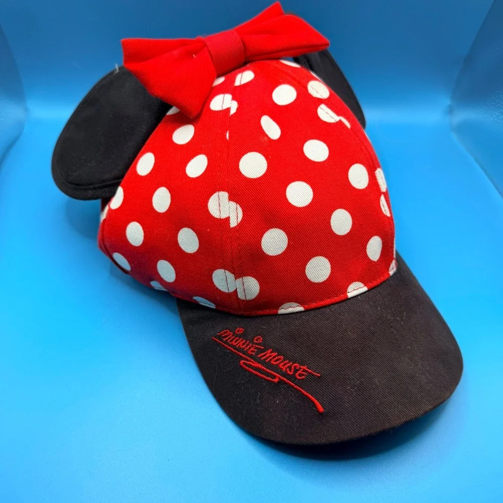 Disney Parks Minnie Mouse Polka Dot Ears Bow Snapback Hat Youth Red Black